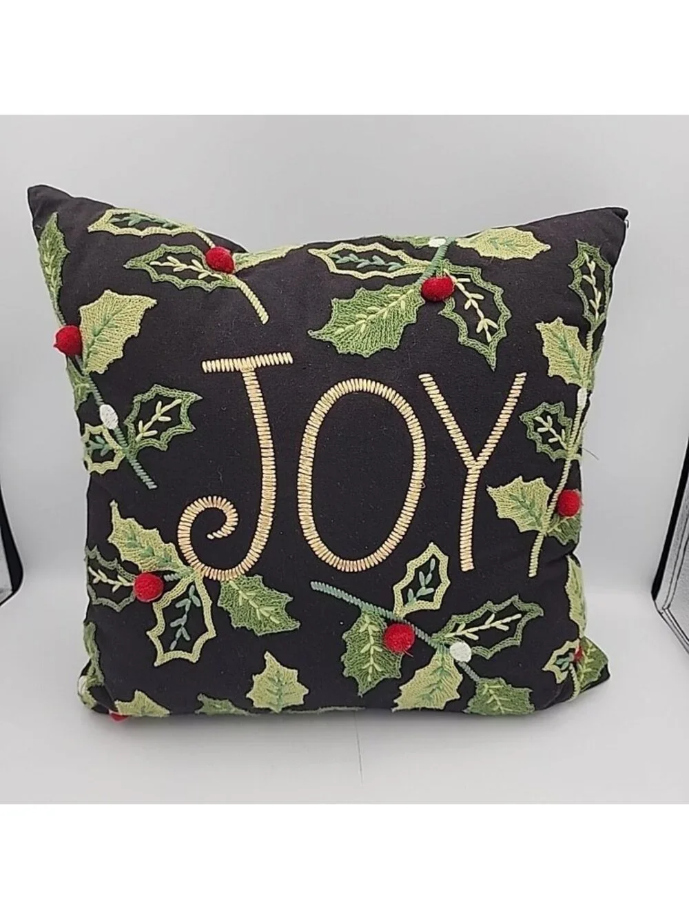 PIER 1 Throw Pillow 12” Black JOY Holly Leaves Embroidered Embellished Christmas